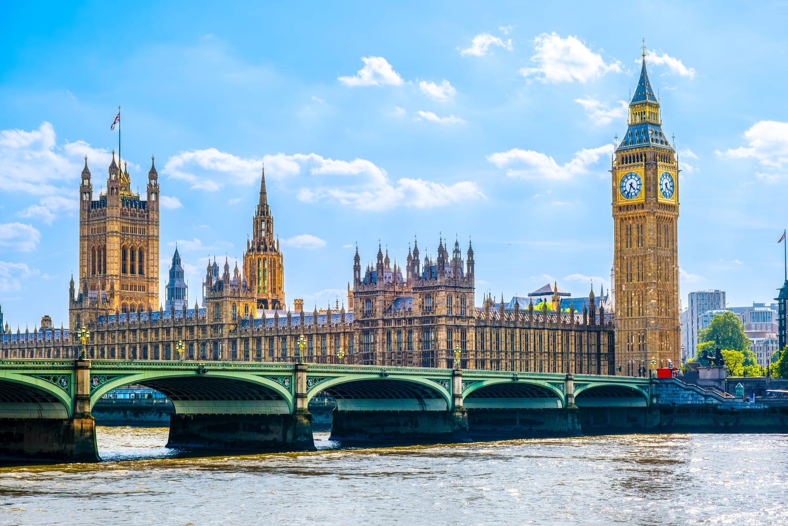 The Palace of Westminster, Big Ben and Westminster Bridge seen across the River Thames.